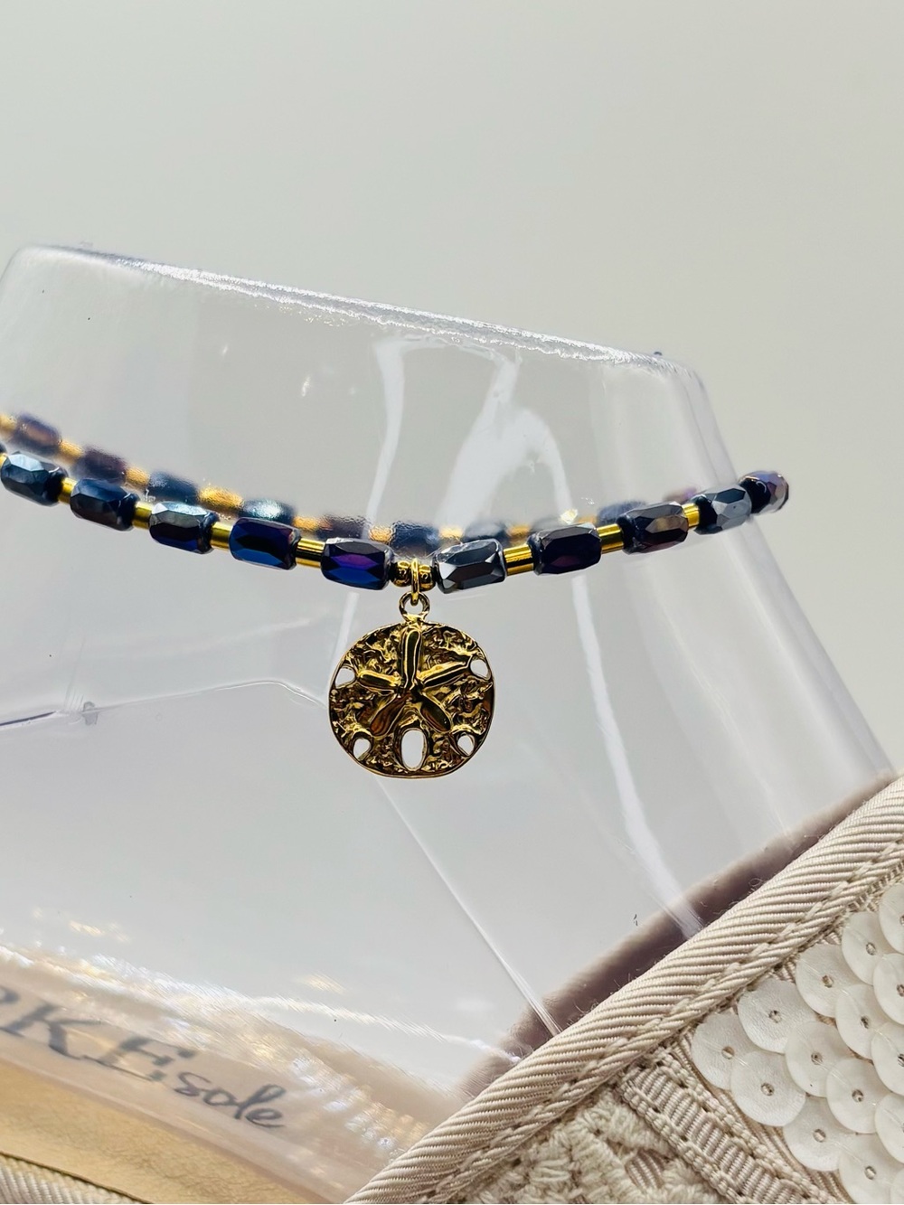 *ANKLET* S. Steel Gold Sand Dollar & AB Dark Purple Crystal Stretchy Anklet - Picture 4 of 6